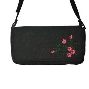 Dark Charcoal Gray Embroirdered Floral WoolBaguette Purse